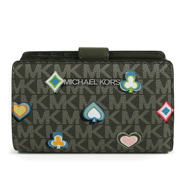 MICHAEL KORS JET SET TRAVEL 銀字LOGO橄欖綠色印花防刮滿版對開式中夾