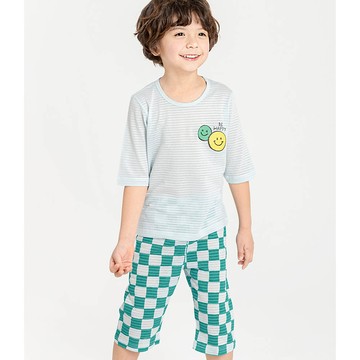 韓國 Mellisse - 韓製輕薄透氣7分袖家居服(無螢光棉)-笑臉X格紋-淡藍X藍綠