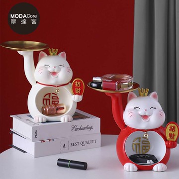 摩達客◉春節開運◉呆萌福氣頂托盤招財貓擺飾(紅色款) 糖果收納聚寶盆