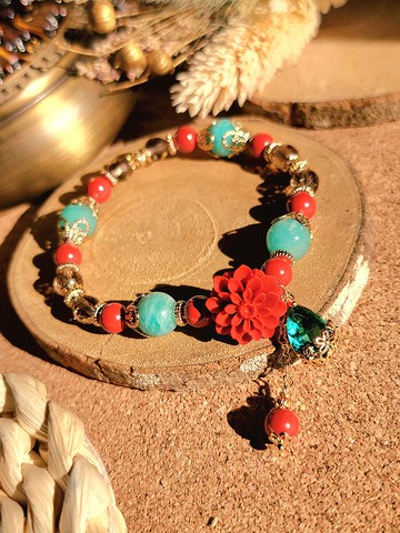 。繁花塵煙。14k金包銅保色朱砂球花天河古風撞色設計款女生手鍊