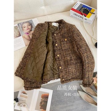 美拉德小香風外套女2025秋冬新款高端復古夾棉加厚羊毛粗花呢上衣