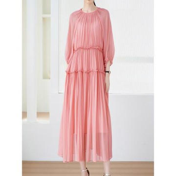 (免運)2025夏季真絲連衣裙桑蠶絲中長款媽媽真絲裙寬松長裙顯瘦大碼女裝