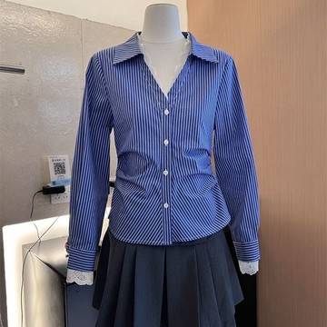 蕾絲花邊條紋襯衫女秋季新款法式氣質褶皺收腰顯瘦POLO領上衣