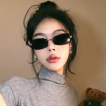 新款無框太陽鏡F鑲鉆橢圓框時尚墨鏡高級感歐美潮流小框裝飾眼鏡