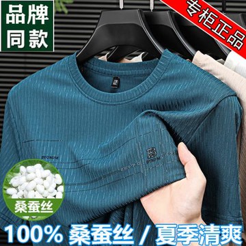 100%桑蠶絲短袖t恤男士2025夏季新款V領體恤冰絲圓領半袖速干上衣