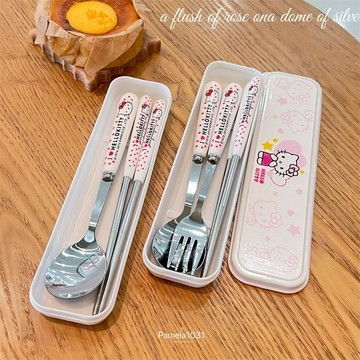 Kitty餐具 可愛卡通不銹鋼叉子勺子筷子套裝學生家用兒童單人便攜餐具收納盒