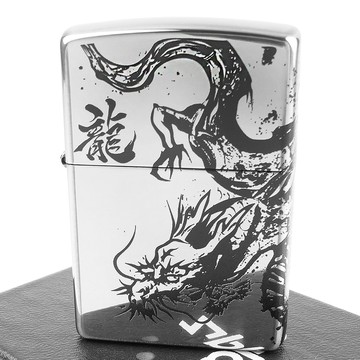 Zippo 日系~Dragon-水墨畫系列-龍圖案設計打火機(銀色燻黑款)