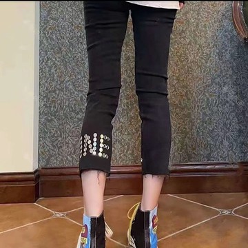 歐洲站秋裝新款時尚褲腳設計感字母亮片顯瘦直筒煙管牛仔褲女