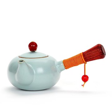 可養汝窯開片側把壺功夫茶具泡茶壺陶瓷單壺家用日式木柄泡茶器