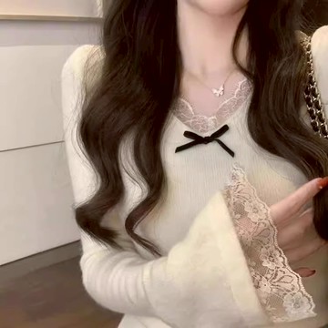 秋冬純欲風蝴蝶結蕾絲拼接長袖T恤上衣
