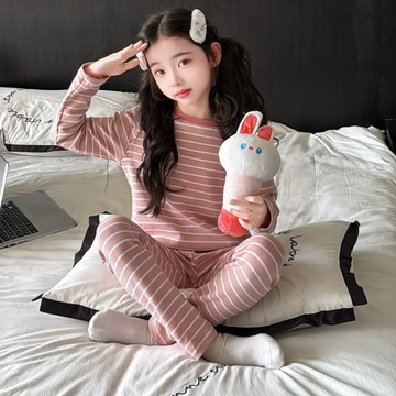 【中大女童/親子裝】條紋撞色保暖內衣睡衣套裝