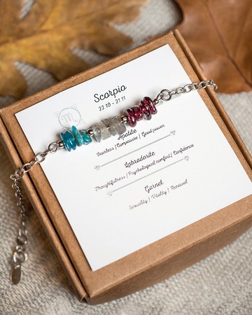 天蠍座手鍊，925 純銀，天然磷灰石、拉長石、石榴石