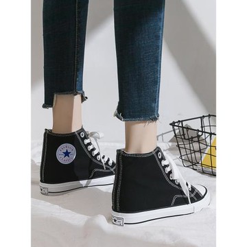 黑色高幫厚底帆布鞋女2025新款秋顯腳小個子增高腰隱形內增高6CM