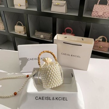CAEISL&KCIEL女包小眾高級感珍珠斜挎水桶包女2025新款竹節手提包