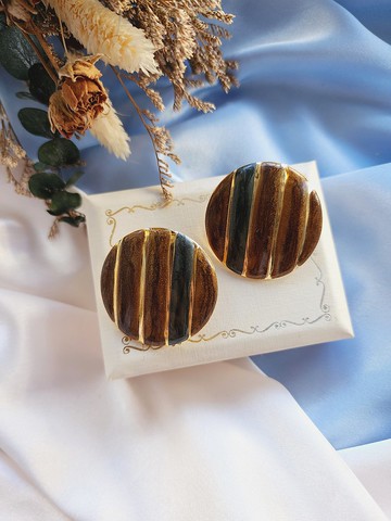 美國西洋古董飾品 / 深咖普普風鐵灰琺瑯夾式耳環/早期首飾