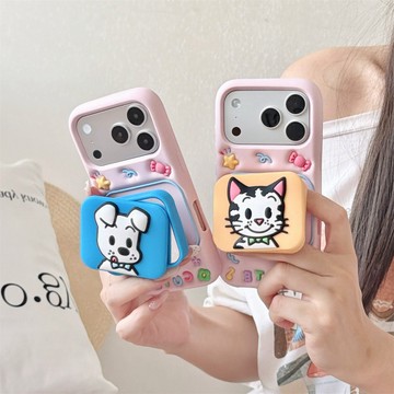 日韓可愛貓狗鏡面支架適用蘋果17ProMax手機殼iphone15新款16pro女款13硅膠14promax防摔保護套