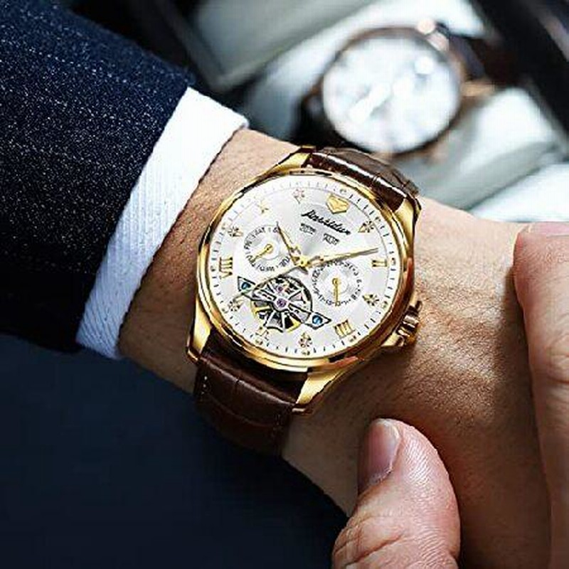 OLEVS Men's Automatic Mechanical Watch Self Winding Skeleton Tourbillon  Leather Wrist Watch for Men no Battery Luxury Roman Watch Men Classic 並行輸入  通販 LINEポイント最大0.5%GET LINEショッピング