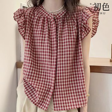 初色 甜美格紋花邊圓領飛袖襯衫上衣女上衣-紅色-14478(M-3XL可選)