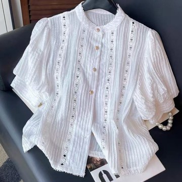 【ACheter】法式鏤空泡泡袖白色襯衫氣質刺繡天絲涼感短袖上衣# 125056