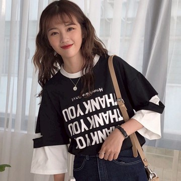 破洞假兩件短袖T恤女新款夏ins潮寬松小眾設計感半袖上衣
