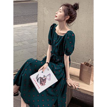 墨綠色連衣裙女夏2025新款法式復古冷淡風高級感氣質顯瘦波點裙子