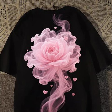 美式高級感粉玫瑰純棉短袖t恤女男夏街頭風半袖oversize情侶上衣