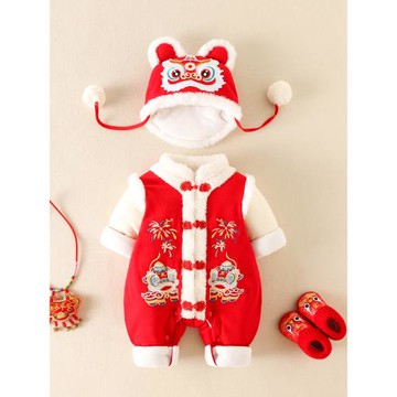 嬰兒連體衣冬季夾棉加厚0-6個月男女寶寶過年禮服3冬款周歲拜年服
