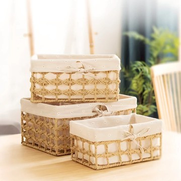 上手家居 編織收納籃 Set 3入 天然草藤收納筐  大(34 x 23.5 x 16cm) +中(30 x 19.5 x 14.5cm) + 小(26 x 16 x 12cm)  米白色 + 編織棕色  1組