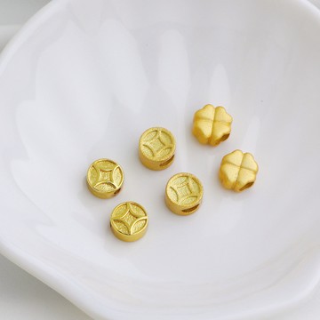 XS-18K包金保色銅錢幣大孔隔珠沙金四葉草串珠配件diy手工編繩資料