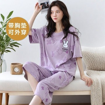 【快速出貨】夏季大碼自带胸垫卡通睡衣  女夏季寬鬆短袖七分裤休闲套装 寬鬆顯瘦遮肉兩件套 胖MM加大码可外穿家居服