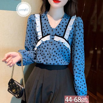 V領荷葉織帶滾邊花朵植絨襯衫 M-2XL【624571X】【現+預】☆流行前線☆