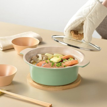 【限時促銷】陶瓷塗層附蓋不沾雙耳鍋18cm
