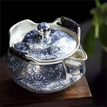 周鴻杰纏枝蓮青花鎏銀手抓壺高檔復古功夫茶具家用辦公送禮禮