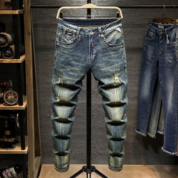 2025復古破洞補丁歐美復古潮牌牛仔褲男修身直筒潮破水洗青年長褲