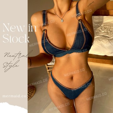 美人魚💙現貨┇美式復古丹寧牛仔藍吊帶比基尼 辣妹 高衩 牛仔比基尼 泳衣泳裝 歐美 韓國 泰國