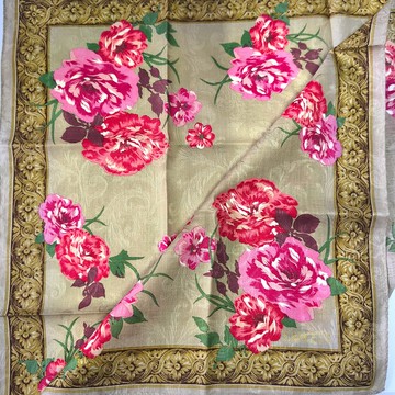 Lancel 古董絲巾 華麗花卉圖案 23 x 23 英吋