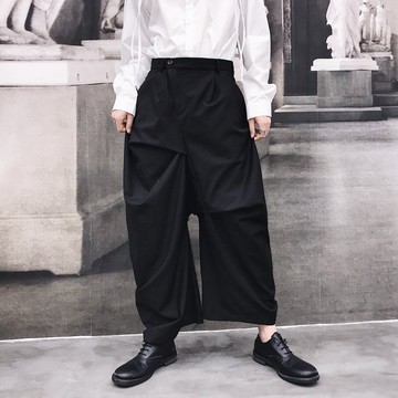 FINDSENSE H1秋季 日本 新款 設計師款 獨家款 黯黑文藝 不對稱 顯瘦九分褲 氣質 闊腿褲 休閒褲 潮男褲子