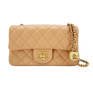 Chanel 香奈兒 Coco 羊皮金球調節鏈帶斜背包-20cm(AS1787-奶茶色)