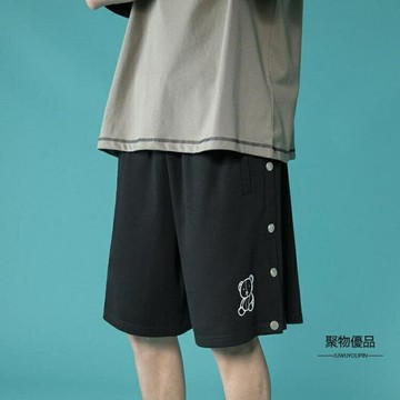 排扣短褲女夏高腰寬鬆中褲直筒闊腿日系慵懶五分褲子【聚物優品】