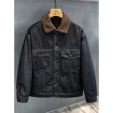 專柜高階丹寧重水洗羊羔絨翻領牛仔外套男士冬季加絨加厚美式夾克