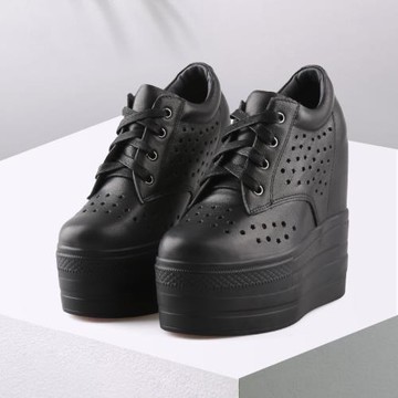 小個子內增高女鞋2023新款夏季小白鞋鏤空真皮單鞋厚底高跟15公分