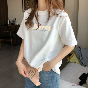 夏季上衣女純棉短袖女T恤女圓領短袖寬鬆短袖休閒t恤短袖女百搭簡約上衣時尚設計感短袖印花上衣