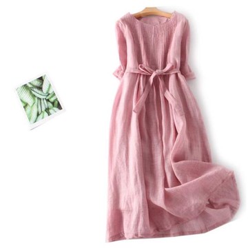 2024年夏新款復古寬松系帶收腰純色小清新七分袖圓領棉麻連衣裙女