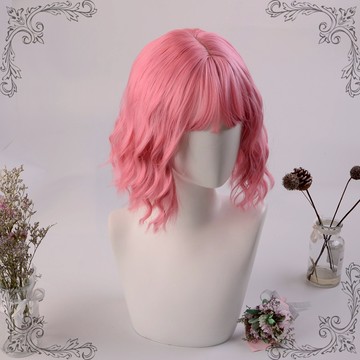 [台灣出貨附發票] 羊毛小捲 中長款整頂假髮 女士全頭套假髮 粉色假髮頭套 空氣瀏海 鎖骨短髮假髮 男女假髮 wig
