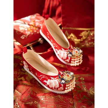 舞繡緣結婚中式婚禮秀禾鞋古風刺繡高級漢服鞋原創復古重工繡花鞋
