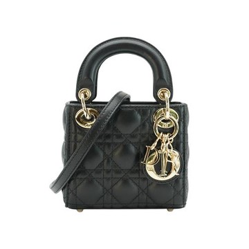 Dior 展示品 Lady Dior Micro 籐格紋羊皮金釦迷你二用包(黑)