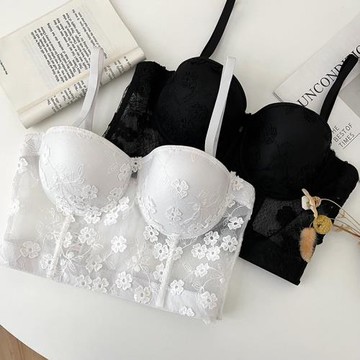 法式性感百搭刺繡蕾絲花朵修身顯瘦短款吊帶背心抹胸背心文胸女