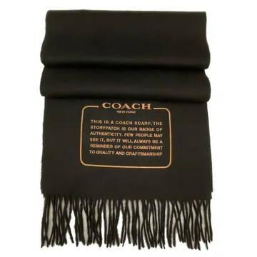 【COACH】素面字母LOGO雙面100%喀什米爾羊毛流蘇圍巾(黑)