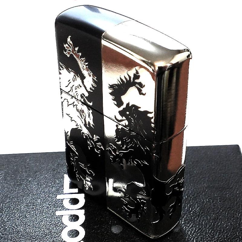 ZIPPO ライター モノトーンライオン ジッポ かっこいい ブラック×シルバー 黒銀 5面加工 エッチング彫刻 ギフト おしゃれ メンズ