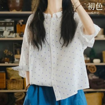 初色 日系波點印花單排釦寬鬆翻領七分袖襯衫上衣女上衣-波點-52734(M-2XL可選)